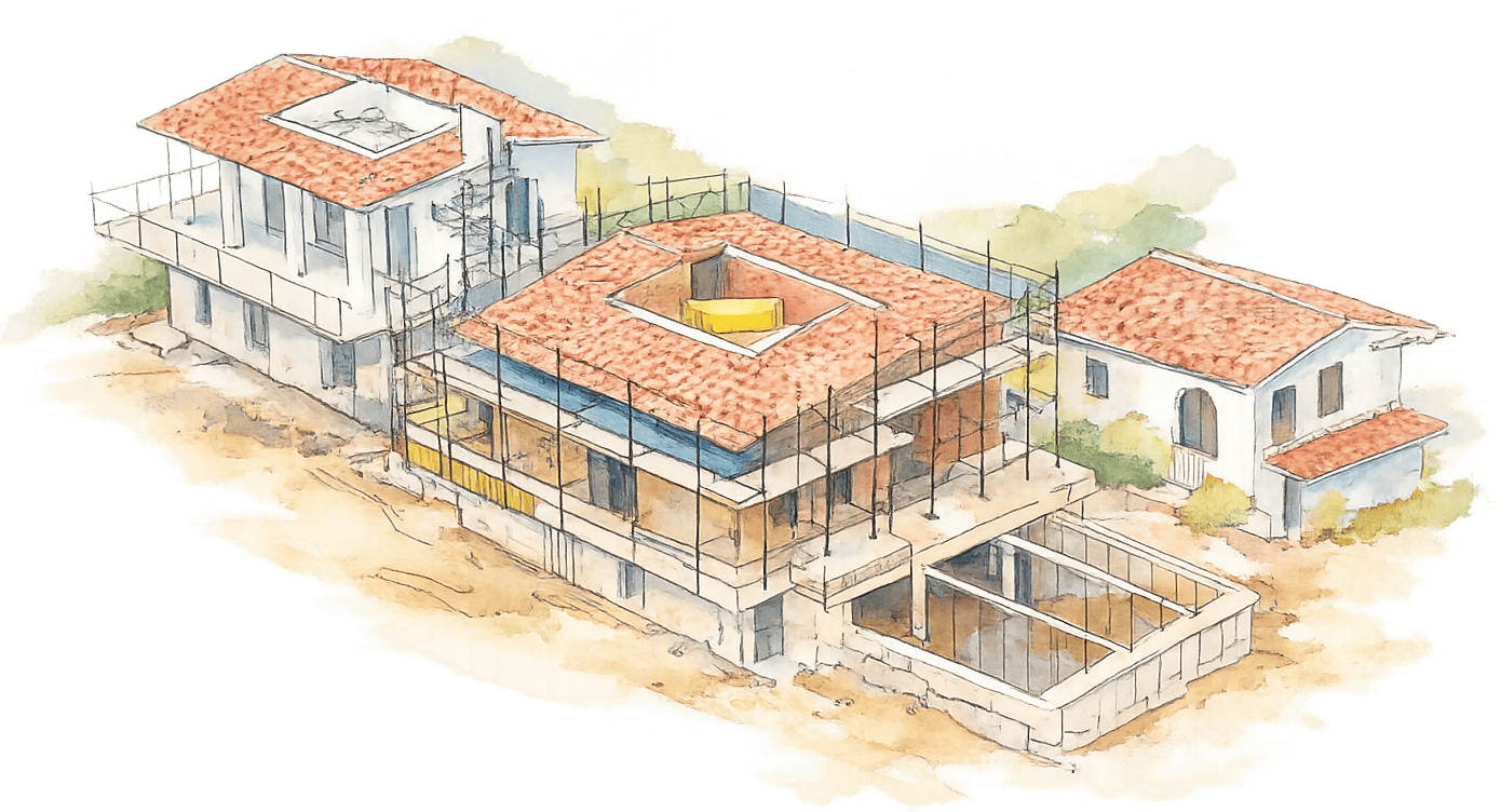 Illustrazione progetto e cantiere edilizio